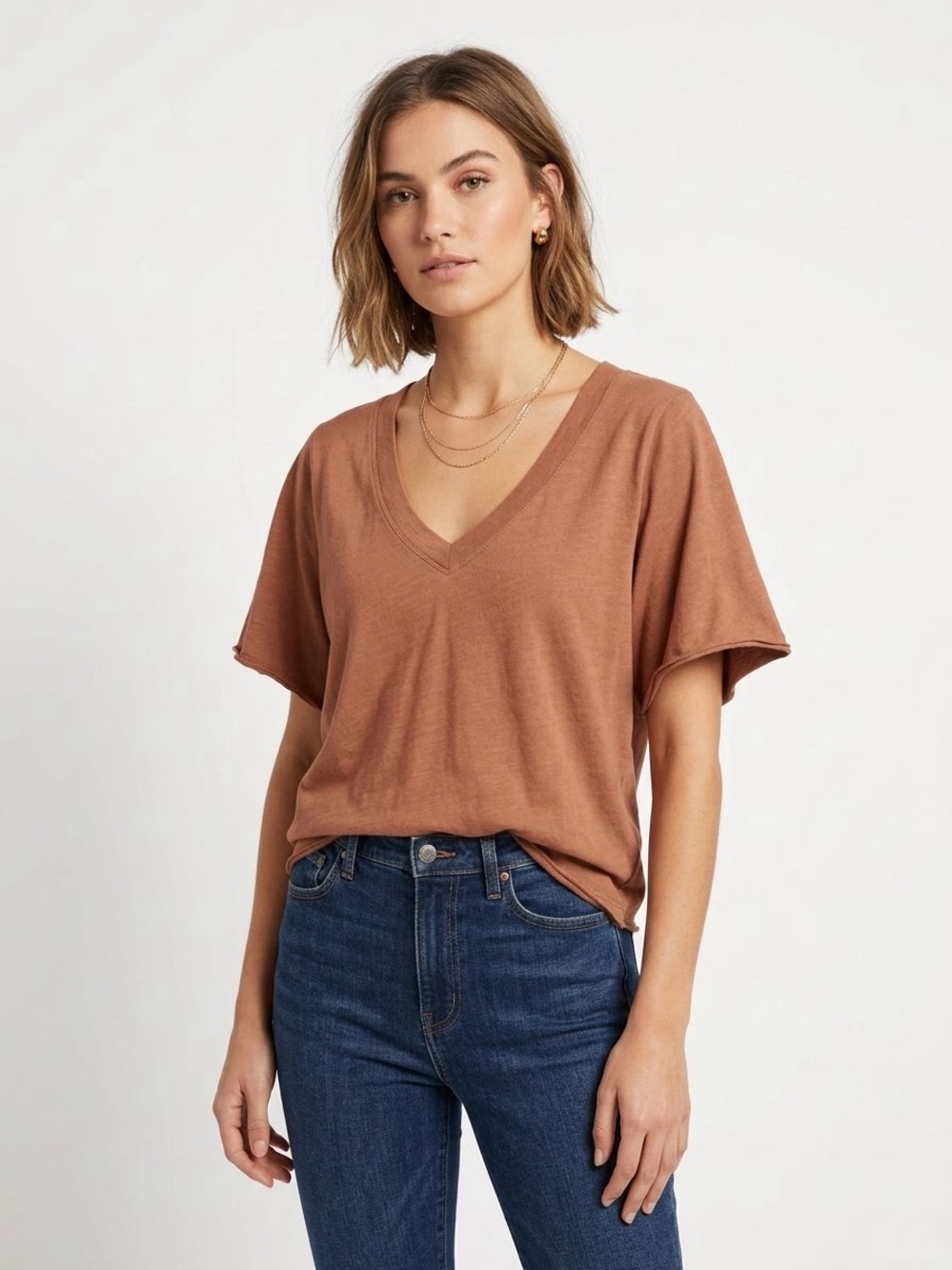 White Crow Women's Short Sleeve V-Neck Boxy Tee – Terracotta / Muted Rust